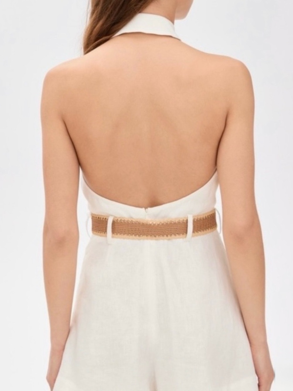 Zimmermann Cream Halter Romper with Woven Tan Belt Detail - Picture 2 of 6